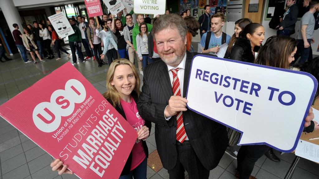 Minister for Children James Reilly and USI president Laura Harmon at an event in Dublin on Monday to encourage students to register to vote in the Mariage Equality Referendum.