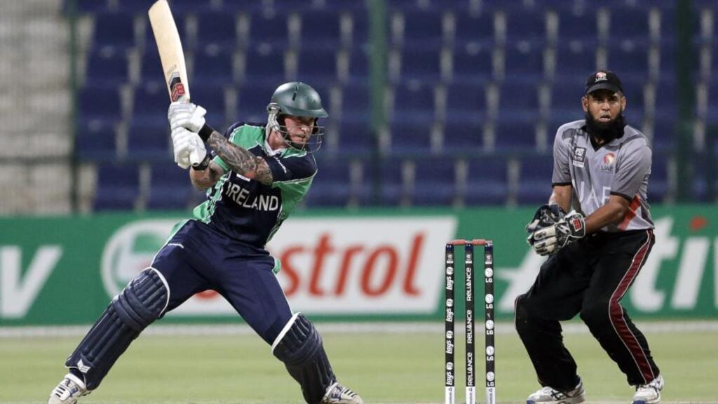 Ireland batsman John Mooney in action during the ICC World T20 qualifier semi-final against the United Arab Emirates at the Sheikh Zayed Stadium in Abu Dhabi. Photograph: © 2013 IDI/Getty Images