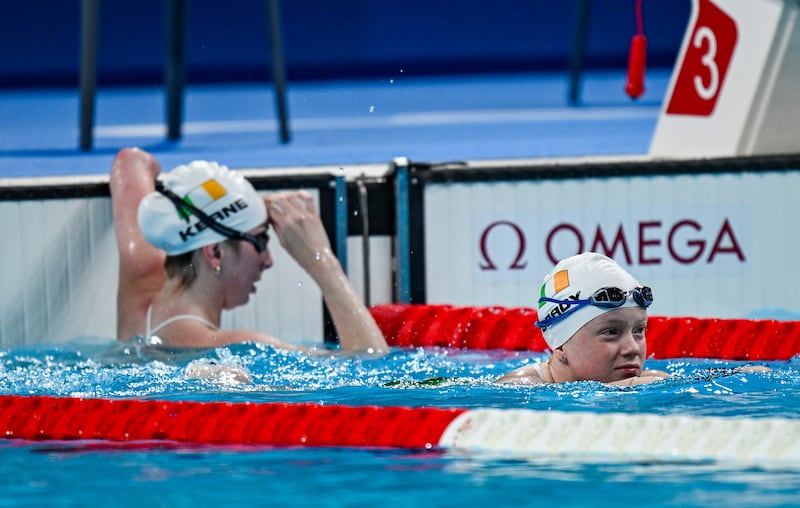 Ireland's Ellen Keane and Dearbhaile Brady during a training session at the Paris La Défense Arena before the 2024 Paralympics. Photoraph: Ramsey Cardy/Sportsfile