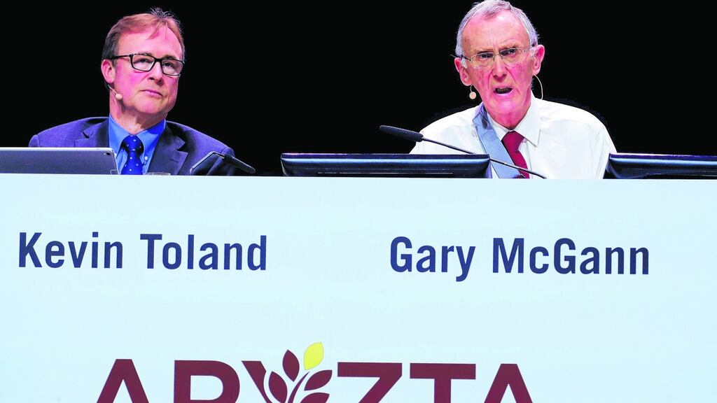 Aryzta chief executive Kevin Toland, left, and chairman Gary McGann at the company’s annual shareholder meeting in Duebendorf, Switzerland last year. Photograph: REUTERS/Arnd Wiegmann