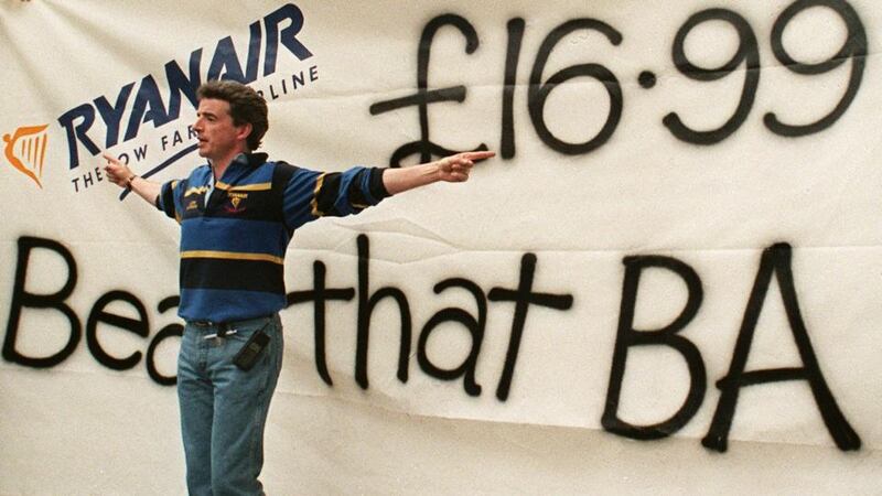 Ryanair: Michael O’Leary launches a low-fares publicity campaign outside a British Airways travel shop in September 1998. Photograph: Sinéad Lynch/AFP/Getty