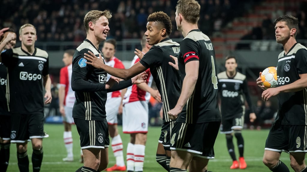 Donny van de Beek, Frenkie de Jong, David Neres, Matthijs de Ligt  and Klaas Jan Huntelaar celebrate a goal against FC Emmen. Photograph: EPA