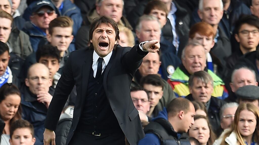 Chelsea’s manager Antonio Conte during his teams match against Arsenal on Saturday. Photograph: Andy Rain/EPA