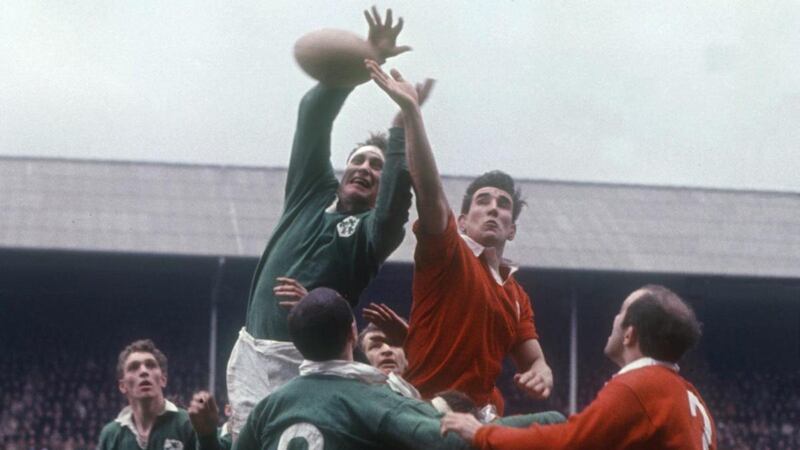 Willie John John McBride wins a lineout for Ireland against Wales in 1968. Photograph: Inpho
