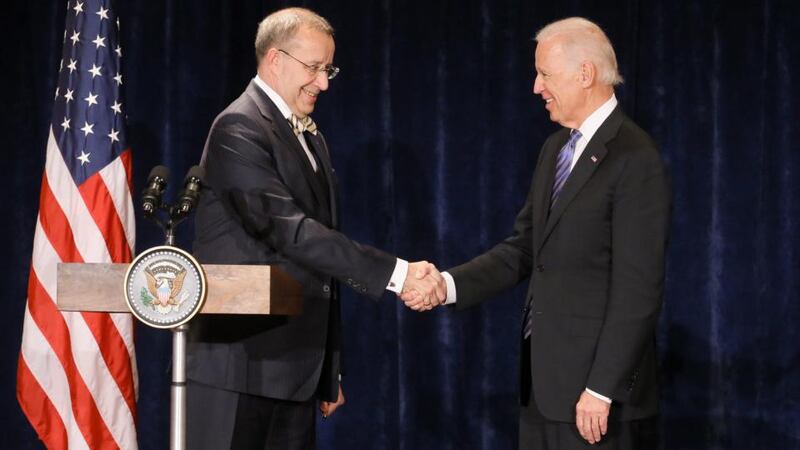 Estonian president Toomas Hendrik Ilves (L) greets US vice president Joe Biden (R) before a news conference in Warsaw, Poland. Mr Biden said Russia’s move to annex Crimea was a “land grab”. Photograph: Pawel Supernak/EPA.