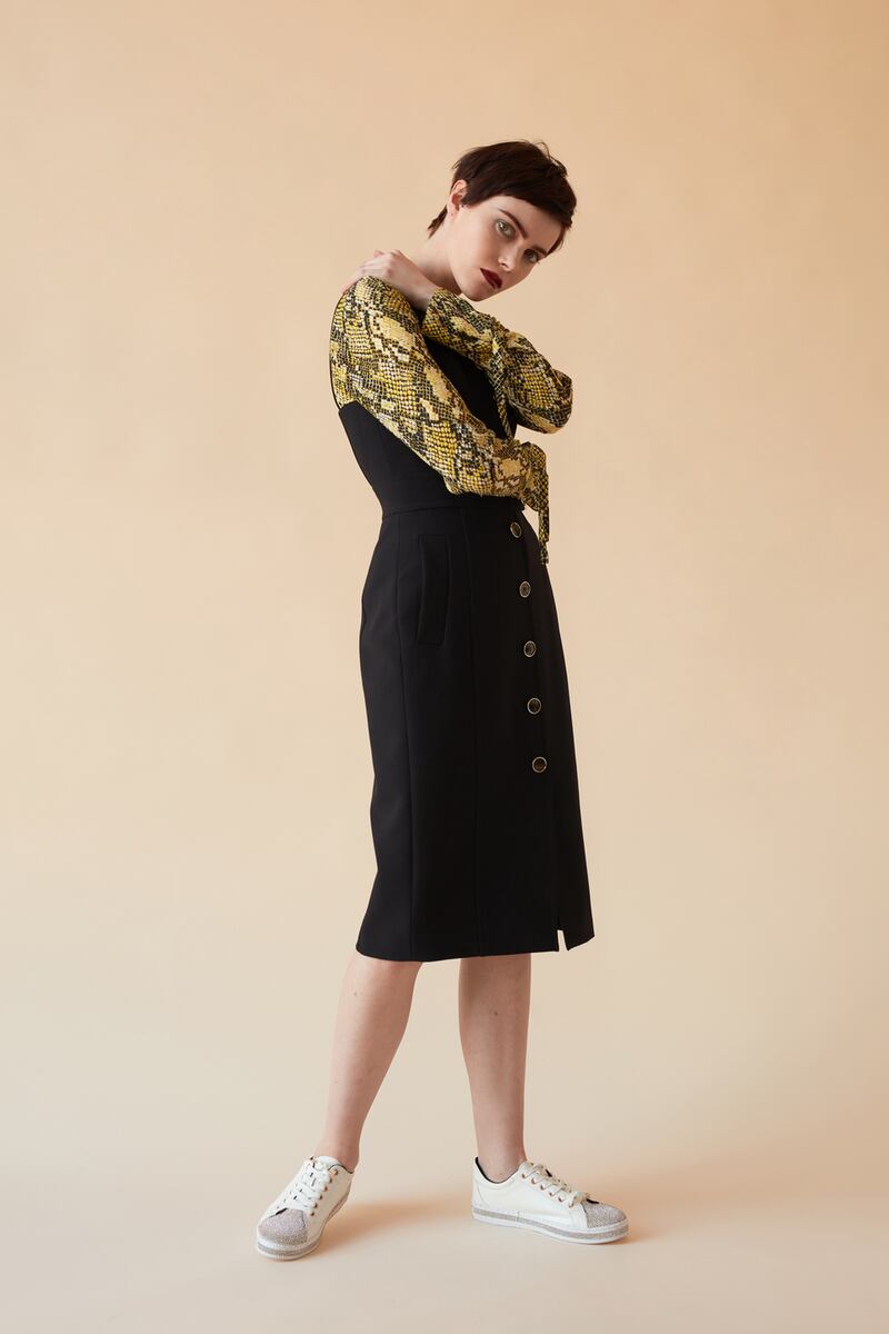 Shirt €140, dress €250 Karen Millen, Arnotts, trainers €50 River Island.