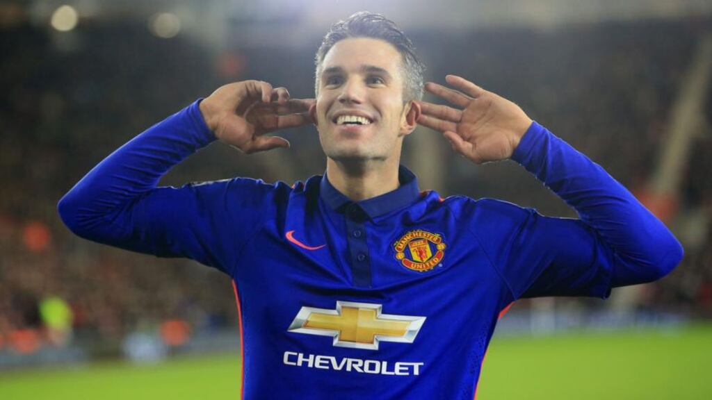 Manchester United’s Robin van Persie celebrates scoring his sides second goal of the game during the Barclays Premier League match at St Marys, Southampton. Photograph: Nick Potts/PA