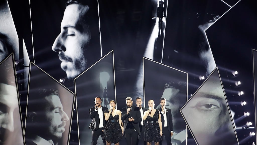 Kobi Marimi of Israel at a dress rehearsal ahead of the final of the 2019 Eurovision song contest in Tel Aviv: entertainment in the context of oppression and illegal occupation. Photograph: Ronen Zvulun