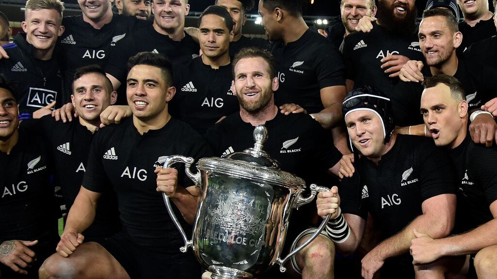 New Zealand’s captain Kieran Read holds the Bledisloe cup at Westpac Stadium in Wellington. Photograph: Getty Images
