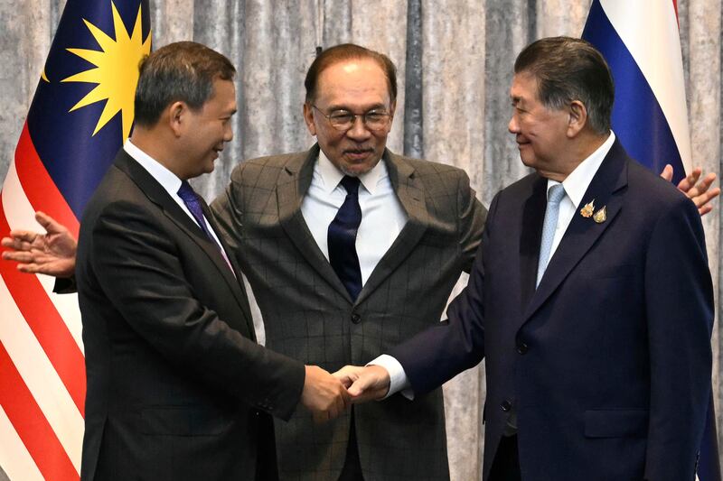 Cambodia’s prime minister Hun Manet,  Malaysia’s prime minister Anwar Ibrahim and Thailand’s acting prime minister Phumtham Wechayachai. Photograph: Mohd Rasfan/Pool via AP