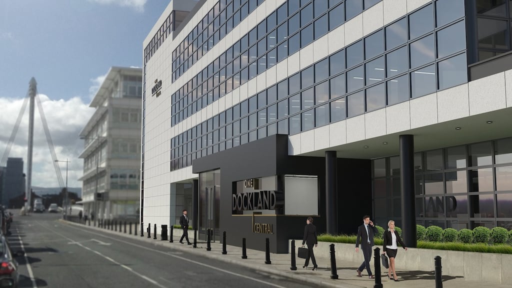 Refurbished and renamed: an impression of what One Dockland Central will look like when a major overhaul is completed early next year. The block is near the Samuel Beckett Bridge, connecting north and south docklands