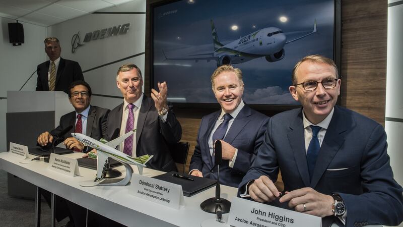 Pictured at the signing ceremony are Ihssane Mounir VP, global sales and marketing and Kevin McAllister, president and chief executive of Boeing with Domhnal Slattery and John Higgins of Avolon