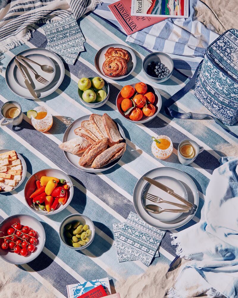 Penneys stripe picnic blanket €10, cooler bag €8, paisley paper napkins €1.50