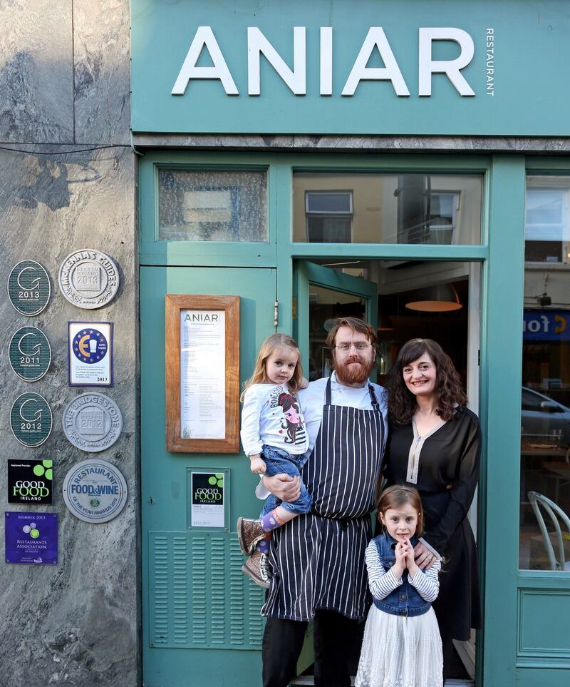 Owners JP McMahon and Drigín Gaffey with their daughters at Aniar Restaurant, Galway. Photograph: Joe O’Shaughnessy