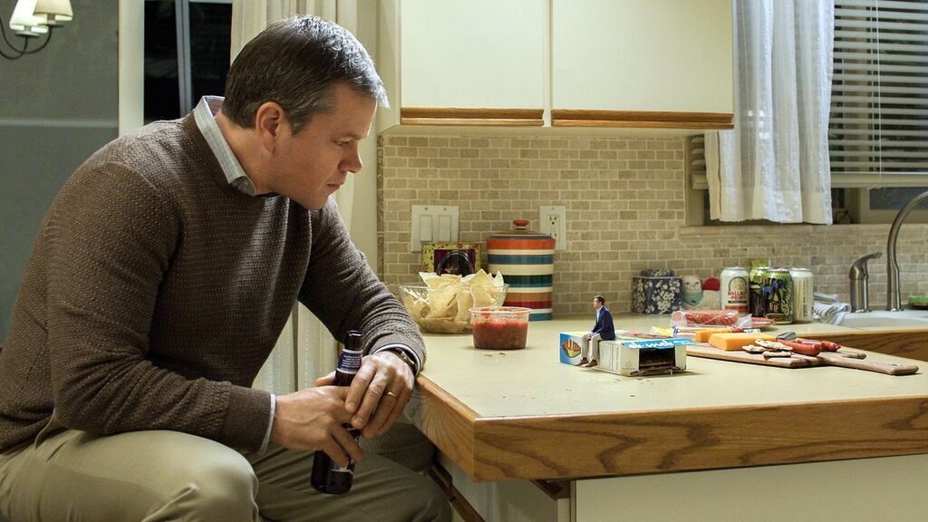 Matt Damon and Christoph Waltz in Downsizing (2017). Photograph: George Kraychyk Paramount Pictures. All Rights Reserved.