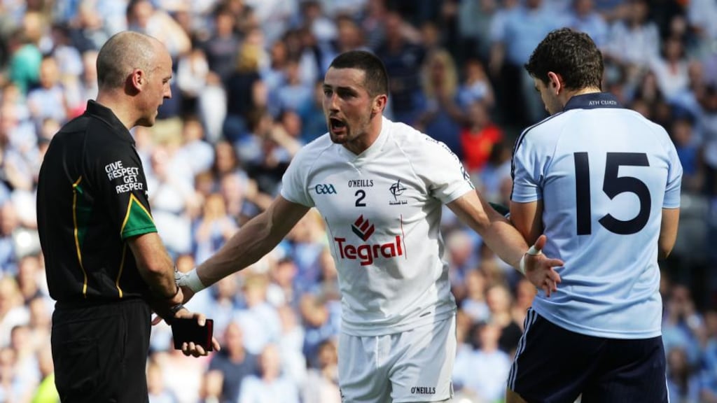 Andriú MacLochlainn disputes referee Cormac Reilly’s decision to award a free to Bernard Brogan and Dublin in the dying moments of the Leinster semi-final in 2011. Kildare moved on to the qualifiers and did not get a second bite at their rivals that year. photograph: Cathal Noonan/Inpho