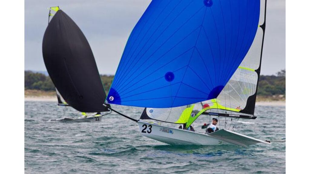 Matt McGovern and Ryan Seaton at the ISAF Sailing World Championships at Perth, Western Australia. The 49er skiff crew secured qualification for London 2012 today. - (Photograph: David Branigan/Oceansport)