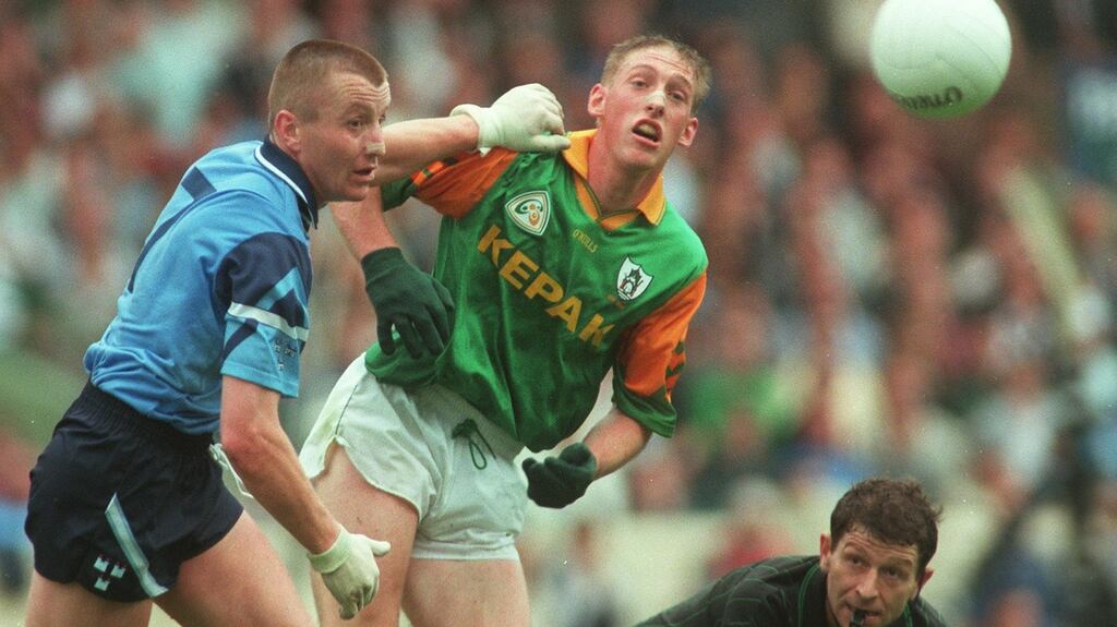 Meath’s Trevor Giles Meath and Eamon Heary of Dublin knock referee Brian White out of the way as they battle for a loose ball in the 1996 final. Photo: Matt Browne/Inpho