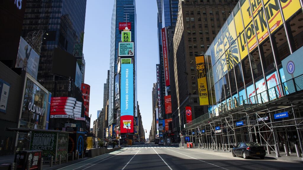A near empty Times Square in New York City on April 6th. Photograph: Kena Betancur/Getty