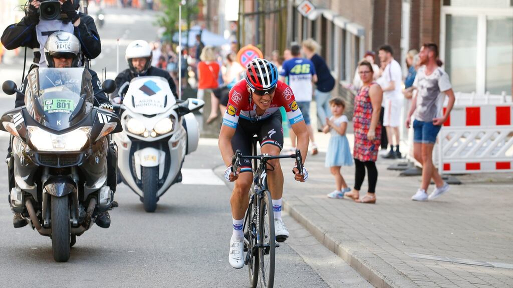 Bob Jungels of Luxembourg (Quick-Step Floors team) on his way to winning the race in Liège, Belgium on Sunday. Photograph: Julien Warnand/EPA