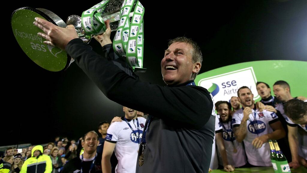Dundalk manager Stephen Kenny celebrates last season’s league title win. Photograph: Donall Farmer/Inpho