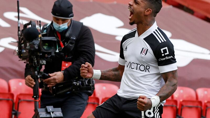 Mario Lemina celebrates after scoring Fulham’s winner against Liverpool. Photograph: Phil Noble/Getty/AFP