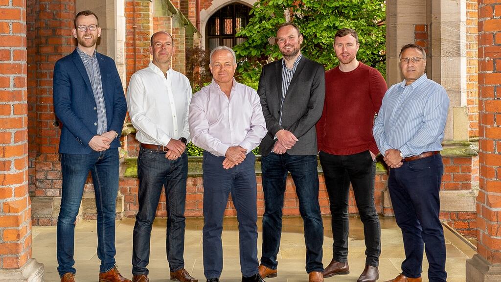 From left to right: Stuart Gaffikin, Clarendon Fund Managers with Aramune  chief financial officer Stuart Gibson; chief executive Ashley Cooper; chief science officer Prof Brian Green; Oisin Lappin from  QUBIS and  Dr Chris Nicklin, Aramune chief technical officer.