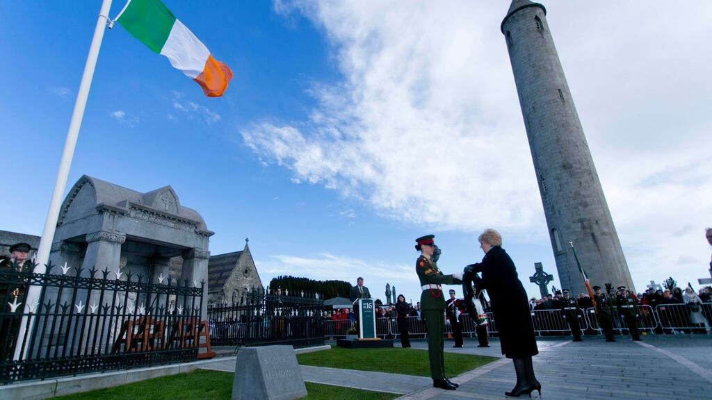 Minister for Arts, Heritage and the Gaeltacht, Heather Humphreys during a wreath laying ceremony at the Sigerson Monument in Glasnevin Cemetery on Sunday morning. Photograph: Chris Bellew/Fennell Photography