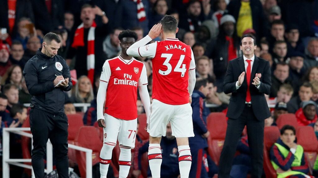 Granit Xhaka gestures to fans as he is substituted during Arsenal’s Premier League match against Crystal Palace at Emirates Stadium on October 27th. File photograph: David Klein/Reuters