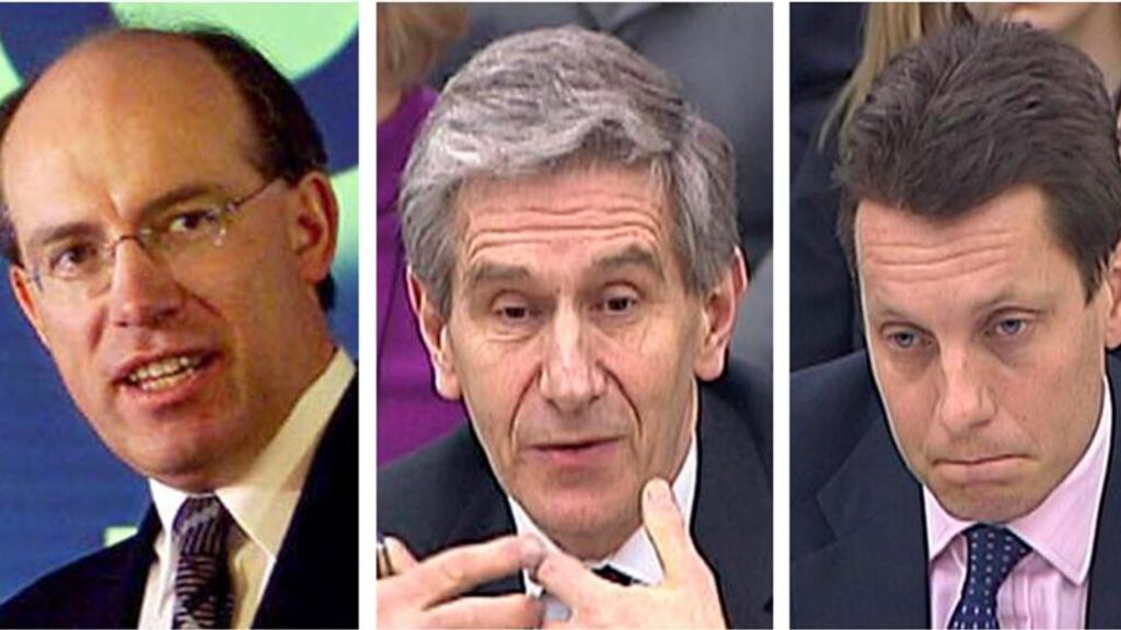 Former HBOS chief executives James Crosby and Andy Hornby (right) and chairman Dennis Stevenson (centre). Bailed out British lender HBOS would have failed even without the 2008 financial crisis, a panel said in a report. Photograph: UK Parliament/Reuters TV