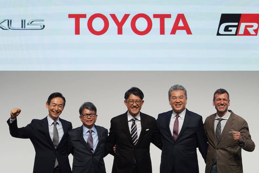 New Toyota chief executive Koji Sato (centre) with his new management team. Photograph: Eugene Hoshiko/AP
