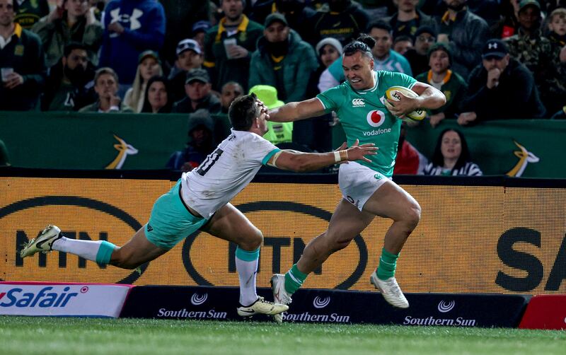 Ireland's James Lowe and South Africa's Handre Pollard. Photograph: Dan Sheridan/Inpho