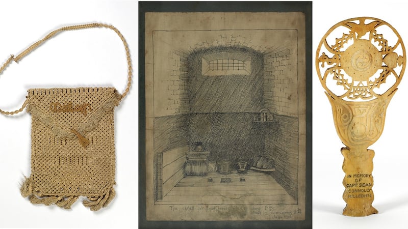 A macramé bag made by Domhnall O’Buachalla; an internee’s sketch of his cell at Knutsford prison; and a sculpture in memory of Seán Connolly made out of cattle bone