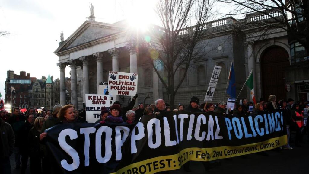 ‘Anyone listening to some of the media coverage and political rhetoric in the last week would be forgiven for thinking that the courts have been imprisoning people for protesting against water charges and water metering. This is simply not the case.’ Above, protesters march from Central Bank, Dublin, to Mountjoy Prison on February 21st, over the imprisonment of water charges demonstrators. Photograph: Brian Lawless/PA