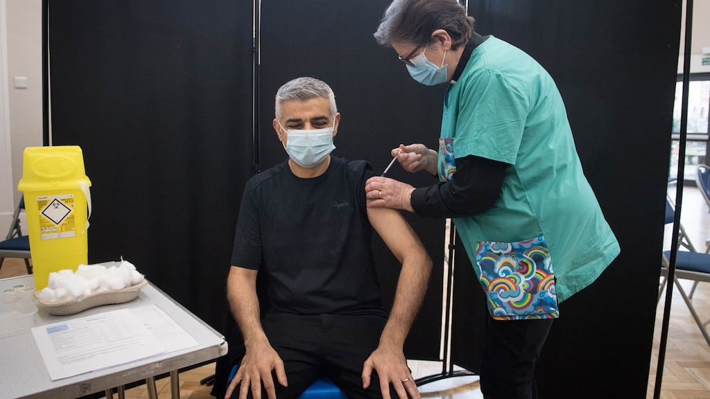 Mayor of London Sadiq Khan receives his first dose of the Pfizer vaccine at the Mitcham Lane Baptist Church in  south London on February 19th. Photograph: Stefan Rousseau/PA Wire