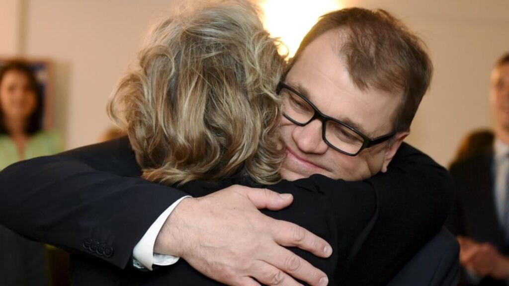 Juha Sipila of the Centre Party celebrates with his wife Minna at the party’s parliamentary elections reception in Helsinki on Sunday night. Photograph: Jussi Nukari/Reuters