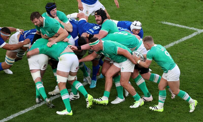 Rob Herring and Craig Casey conspire as Ireland drive forward against Italy. Photograph: Bryan Keane/Inpho