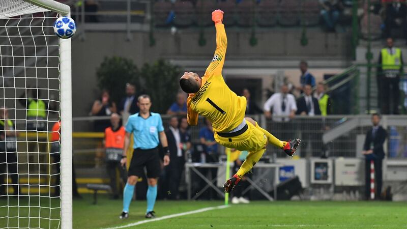 Inter Milan goalkeeper Samir Handanovic is beaten by Christian Eriksen’s deflected shot in the Champions League game against Tottenham Hotspur at the San Siro. Photograph:  Andreas Solaro/AFP/Getty Images