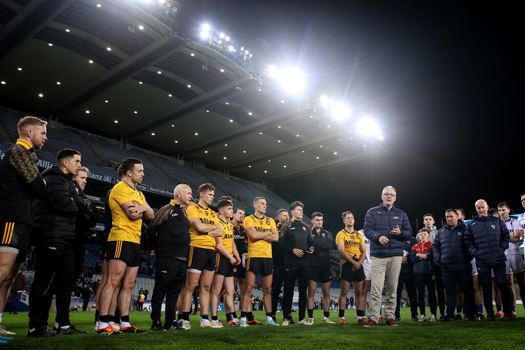 GAA President Jarlath Burns talks to the Ulster team after their victory over Connacht in the Interprovincial Series final at Croke Park on Saturday. Photograph: Ben Brady/Inpho