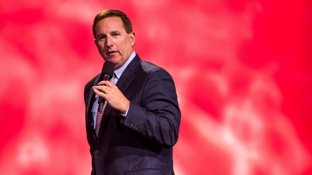 Mark Hurd, one of two chief executives at Oracle (with Safra Catz), was bullish about the future to the press, saying: “Our revenue rate is increasing as we get bigger.” Photograph: David Paul Morris/Bloomberg