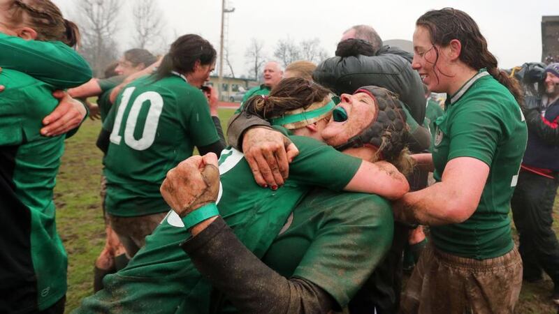 Ireland's Joy Neville and Lynne Cantwell celebrate in Milan. Photograph: Dan Sheridan/Inpho