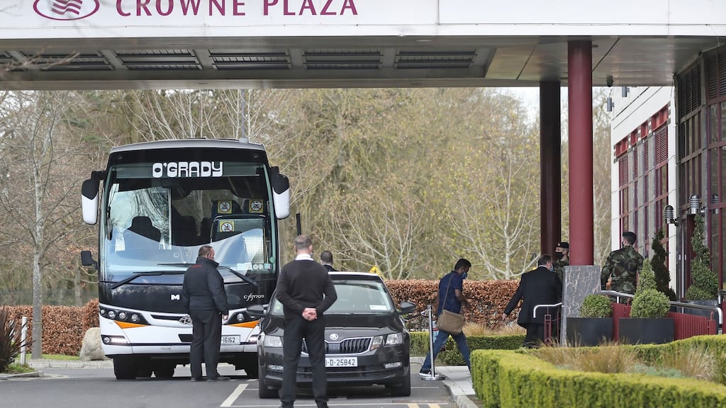 People undergoing mandatory hotel quarantine as part of Ireland’s Covid-19 response arriving at the Crowne Plaza Hotel in Santry. Photograph: Nick Bradshaw