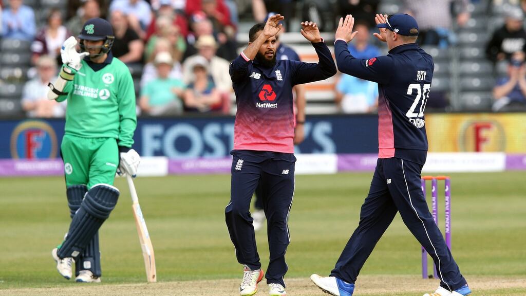 England’s Adil Rashid celebrates a wicket during their one day international win over Ireland in Bristol. Photo: Andrew Fosker/Inpho