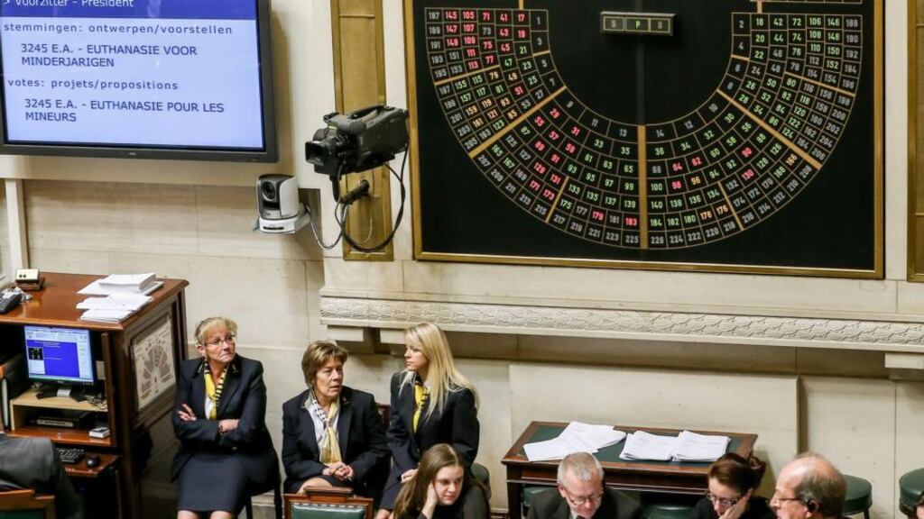 A screen showing the votes of the Belgian Chamber (parliament) members on the euthanasia law for terminally-ill children, in Brussels. Photograph: Julien Warnand/EPA