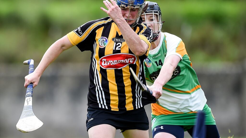 Kilkenny’s Ann Dalton and Arlene Watkins of Offaly in the All-Ireland Senior Camogie Championship quarter-final at McDonagh Park on Saturday. Photograph: Tommy Grealy/Inpho.