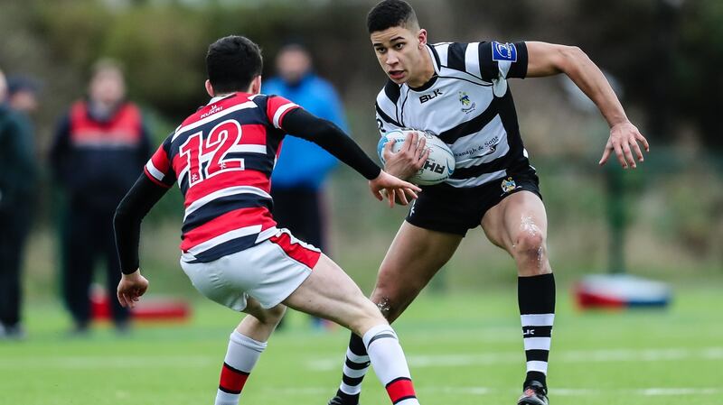 Bank of Ireland Leinster Schools Senior Cup Round 1, 2018. Wesley vs Cistercian College, Roscrea – Cistercian’s Cormac Izuchukwu jinks past James McElroy of Wesley. File photograph: Inpho