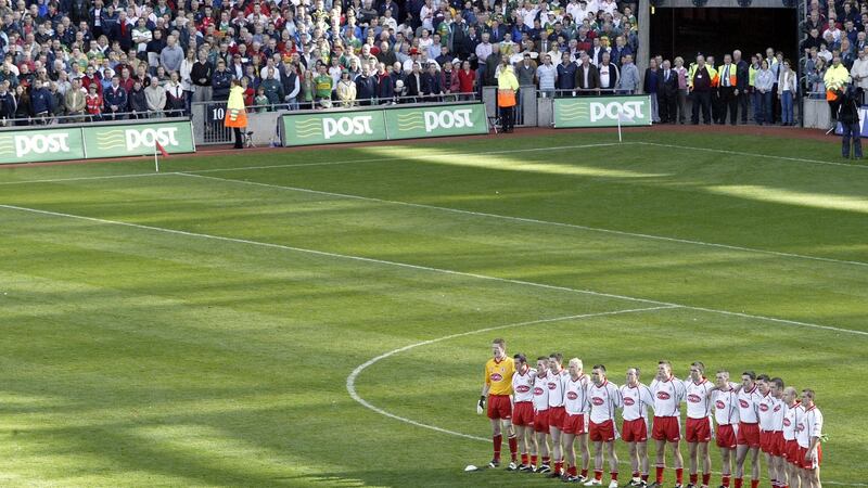 Tyrone line up for the national anthem before the 2005 final victory over Kerry. That side had won their All-Irelands and were already morphing into something else by the time their greatness became apparent. Photograph: Donall Farmer/Inpho