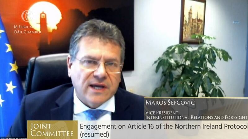 Screen grab photo from Oireachtas TV showing Maros Sefcovic speaking to the Oireachtas Committee on European Union Affairs on February 16th. Photograph: Oireachtas TV/PA Wire