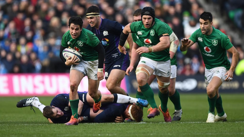 Ireland’s Joey Carbery making a break to set up the third Ireland try against Scotland at Murrayfield. Photograph: Stu Forster/Getty Images