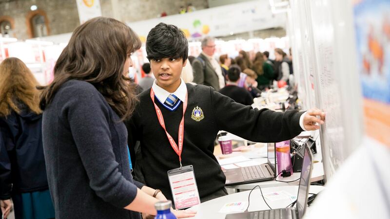 Yaduvir Harhangi from, Synge Street CBS, Dublin being judged on his project: Extensions of Marden’s Theorem. Photograph: Chris Bellew/Fennell Photography